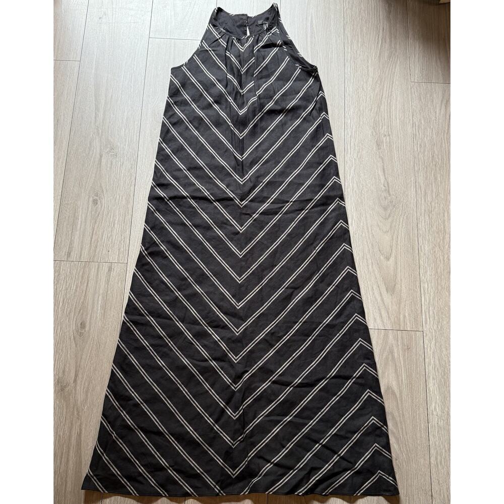 J Crew 100% Linen Chevron‎ Stripe Maxi Dress 0 Black Sleeveless Lagenlook Boho